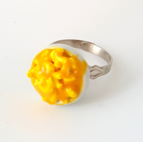 Miniature Mac and Cheese Ring with adjustable ring band, Polymer clay Mac and Cheese, Food Jewelry