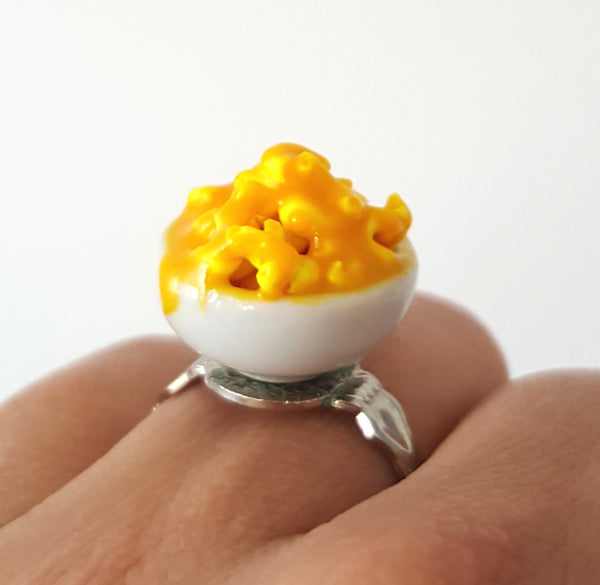 Miniature Mac and Cheese Ring with adjustable ring band, Polymer clay Mac and Cheese, Food Jewelry