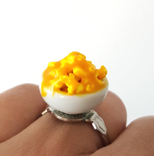 Miniature Mac and Cheese Ring with adjustable ring band, Polymer clay Mac and Cheese, Food Jewelry