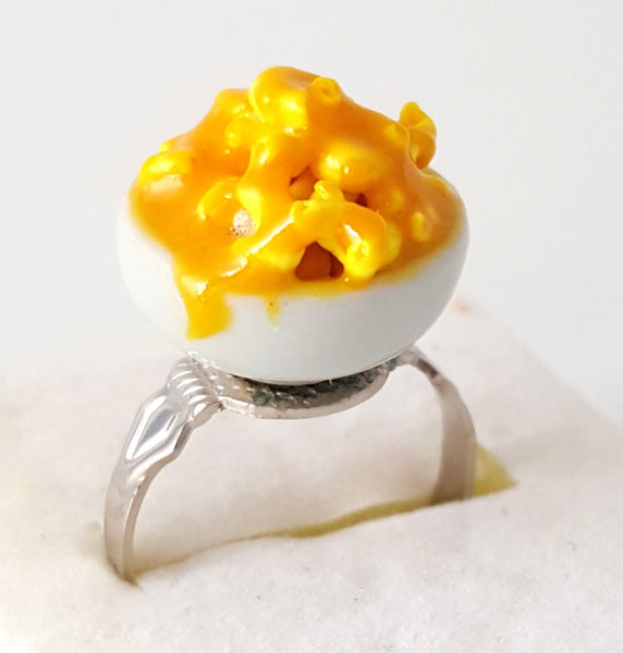 Miniature Mac and Cheese Ring with adjustable ring band, Polymer clay Mac and Cheese, Food Jewelry