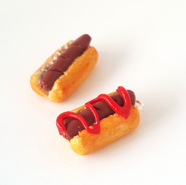 Miniature Classic Hot Dog Charm or Necklace, Polymer clay hot dog charm, Food Jewelry, sausage charm, polish hot dog, Mustard Ketchup dog