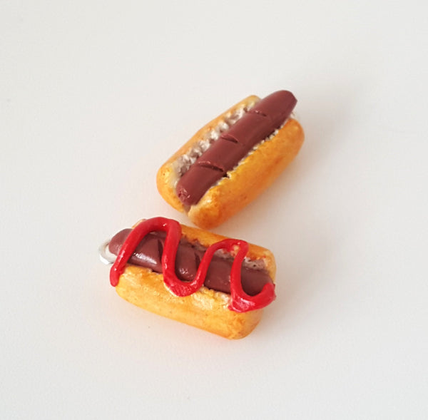 Miniature Classic Hot Dog Charm or Necklace, Polymer clay hot dog charm, Food Jewelry, sausage charm, polish hot dog, Mustard Ketchup dog