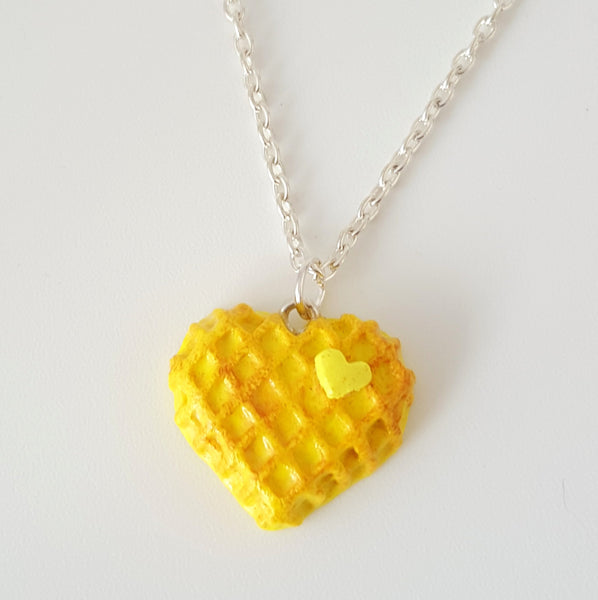 Miniature Food Necklace Heart Waffle with Silver Plated Chain, Food Jewelry, Waffle, Heart, Butter