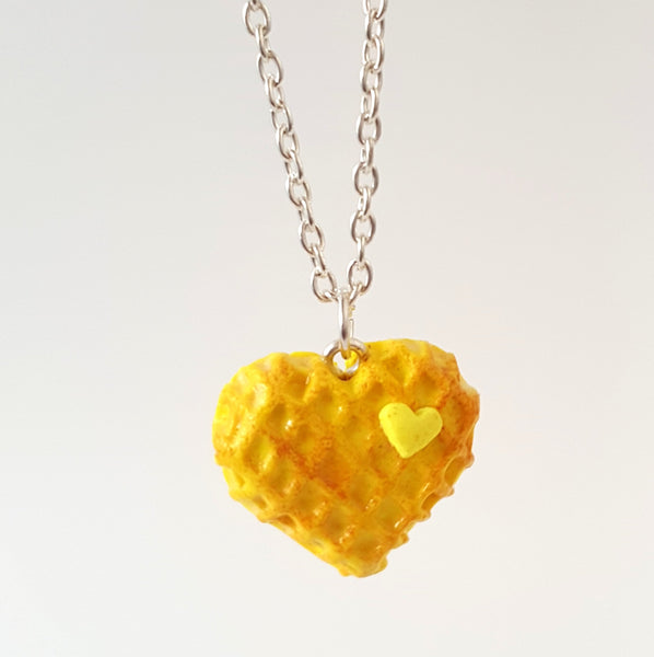 Miniature Food Necklace Heart Waffle with Silver Plated Chain, Food Jewelry, Waffle, Heart, Butter