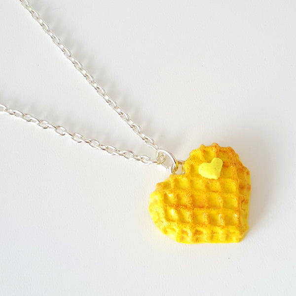 Miniature Food Necklace Heart Waffle with Silver Plated Chain, Food Jewelry, Waffle, Heart, Butter