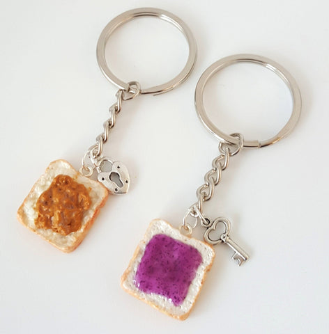 Miniature Cute BFF Peanut Butter Grape Jelly Keychain Set with Heart Lock and Key- Best Friend Forever