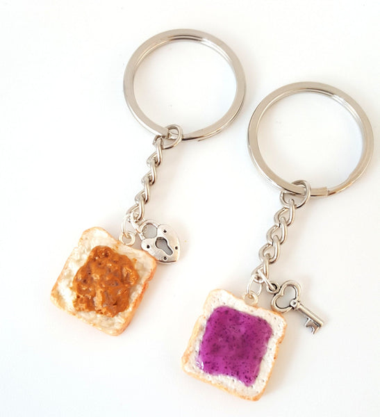 Miniature Cute BFF Peanut Butter Grape Jelly Keychain Set with Heart Lock and Key- Best Friend Forever