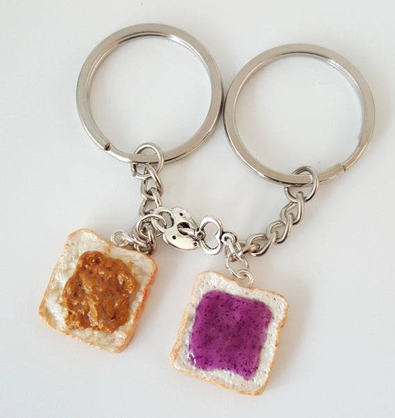 Miniature Cute BFF Peanut Butter Grape Jelly Keychain Set with Heart Lock and Key- Best Friend Forever