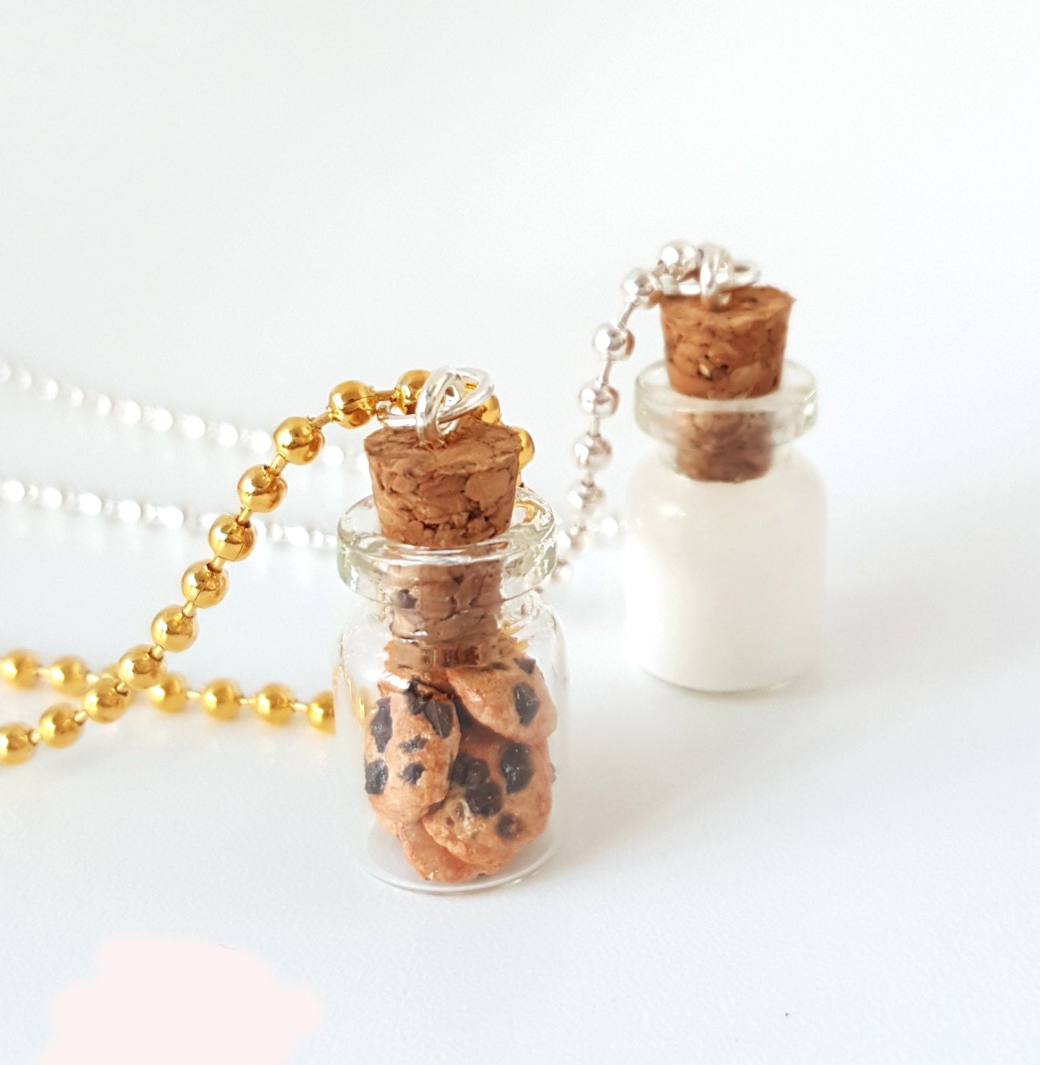 Miniature Cute BFF Cookies and Milk Necklace- Best Friend Forever Necklace -Miniature food jewelry- Chocolate Chips Cookie -Polymer clay