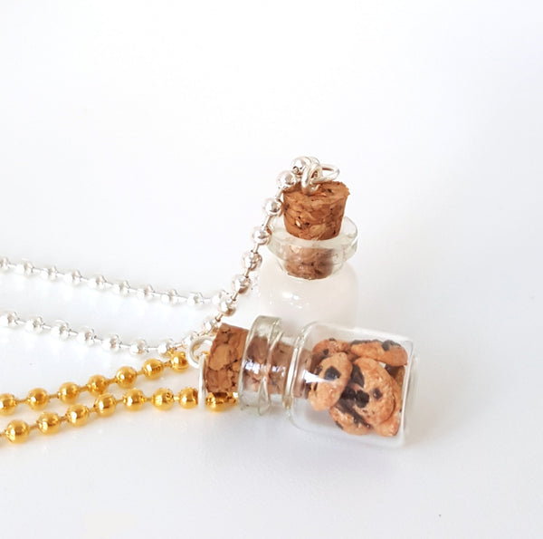 Miniature Cute BFF Cookies and Milk Necklace- Best Friend Forever Necklace -Miniature food jewelry- Chocolate Chips Cookie -Polymer clay