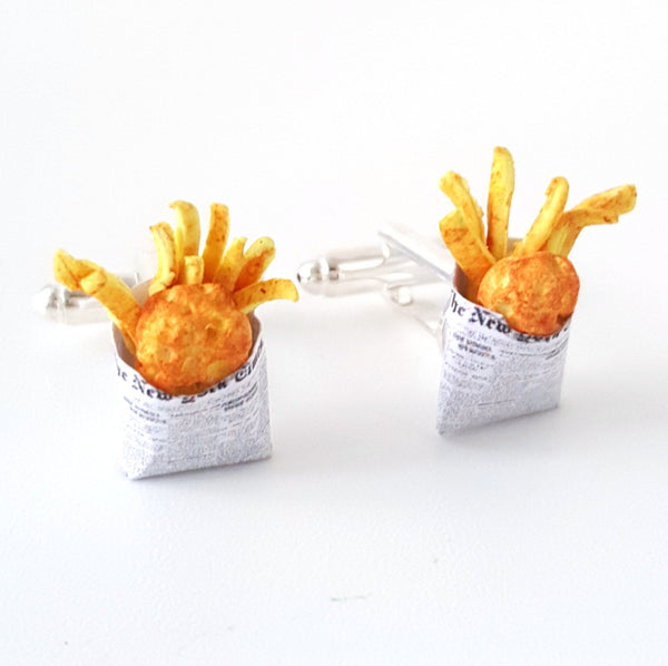 Miniature Food Fish and Chips Cufflinks, London fish and chips, Miniature Food jewelry