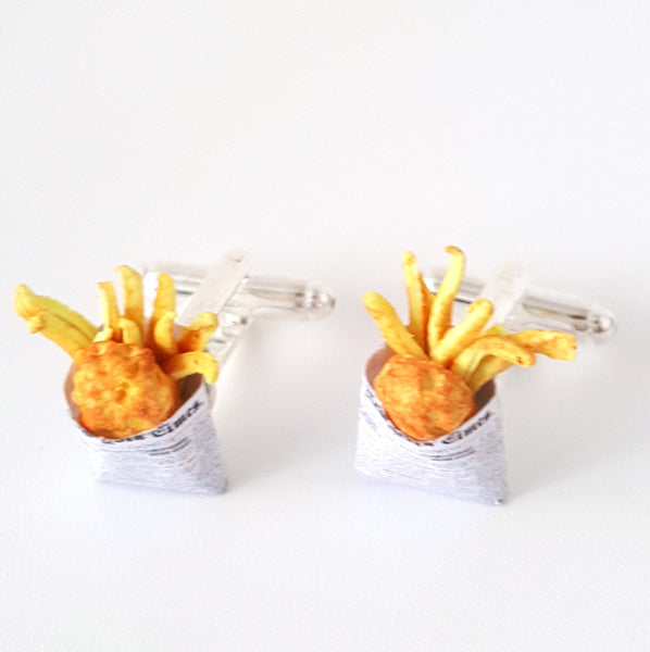 Miniature Food Fish and Chips Cufflinks, London fish and chips, Miniature Food jewelry