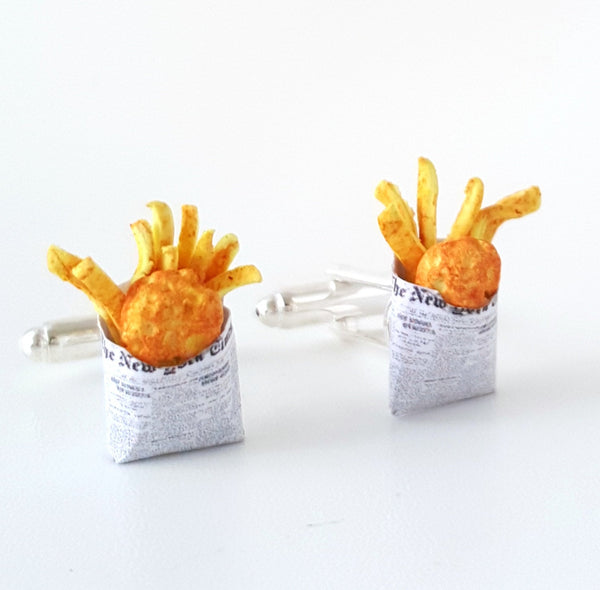 Miniature Food Fish and Chips Cufflinks, London fish and chips, Miniature Food jewelry