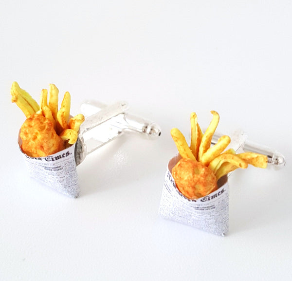 Miniature Food Fish and Chips Cufflinks, London fish and chips, Miniature Food jewelry