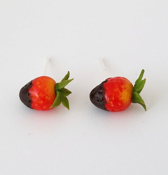 Chocolate Dipped Strawberry Earrings, Miniature food jewelry,  polymer clay earrings,  silver plated, Kawaii, accessories,  fruit earrings