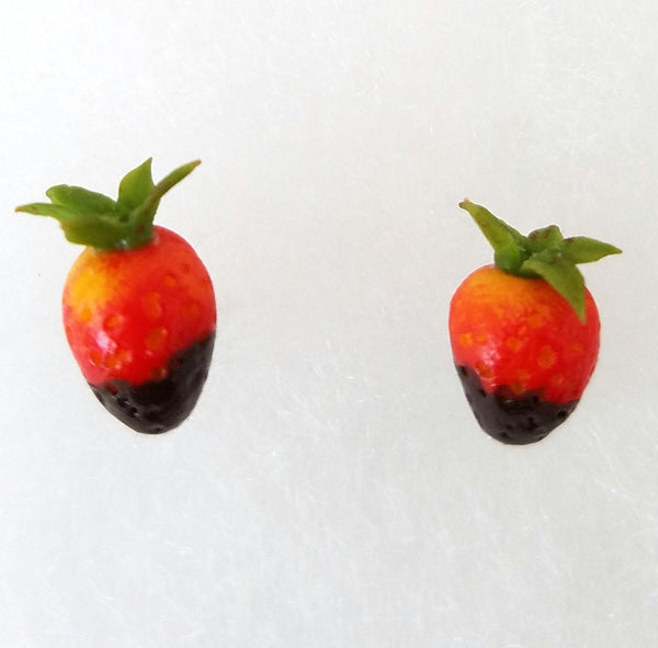 Chocolate Dipped Strawberry Earrings, Miniature food jewelry,  polymer clay earrings,  silver plated, Kawaii, accessories,  fruit earrings