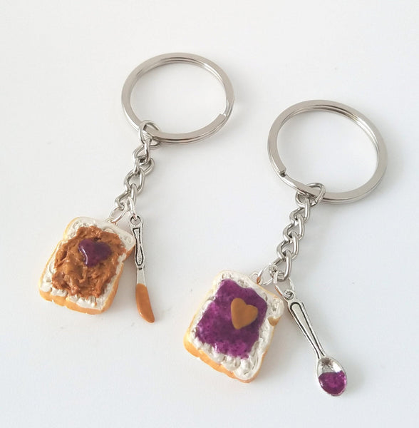 Peanut Butter Grape Jelly Heart Keychain Set, knife and spoon, Friend BFF keychain